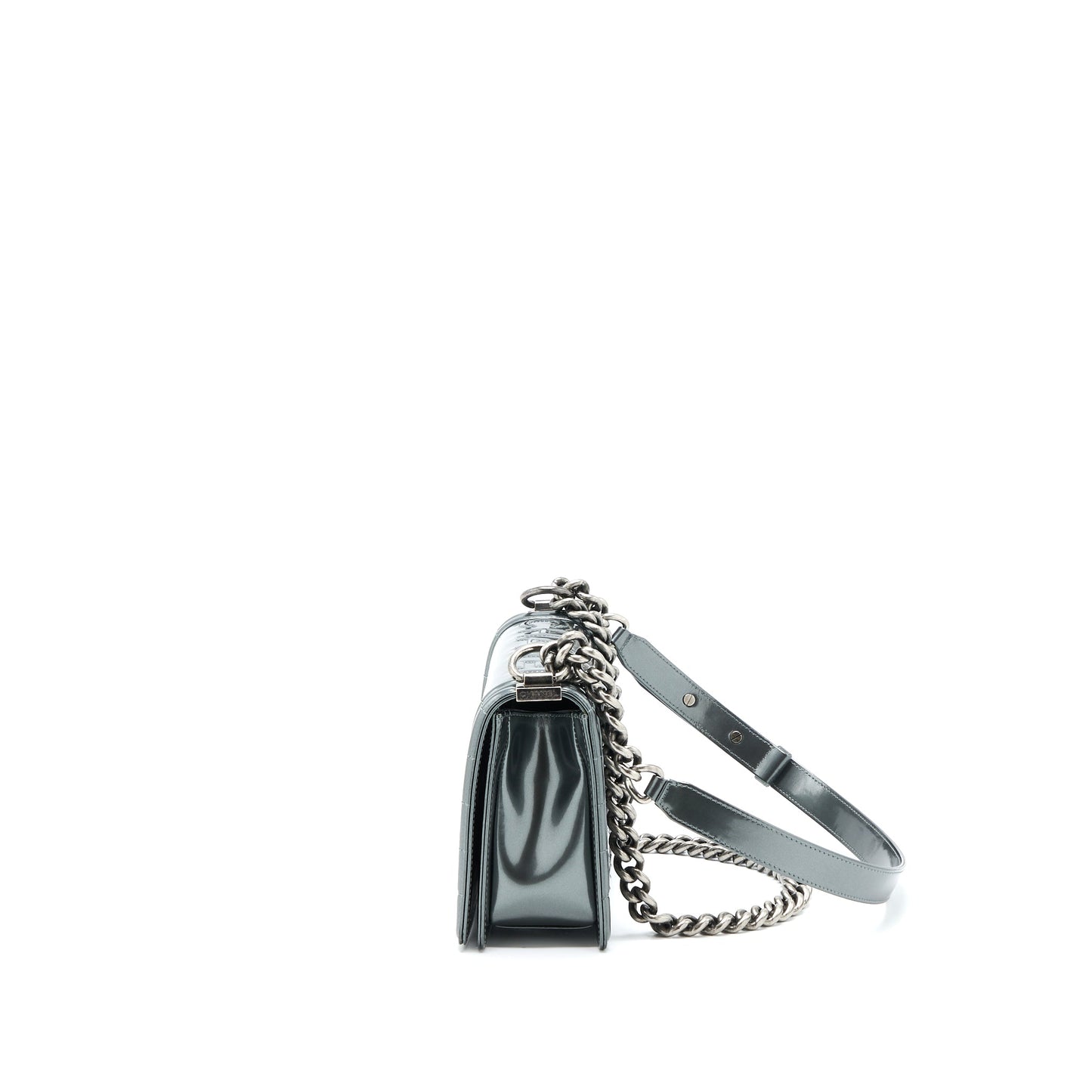 Chanel Medium Boy Bag Patent Grey Ruthenium SHW