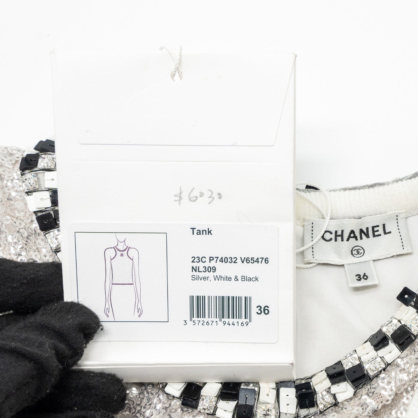 Chanel Size 36 23C Short U-Neck Plain Logo Cropped Tank Polyester/Elastane Silver/White/Black