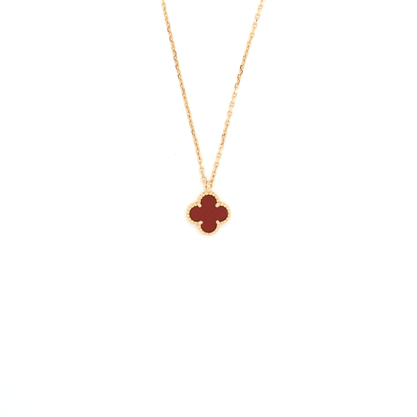 Van Cleef And Ariel’s Sweet Alhambra Pendant Rose Gold With Carnelian