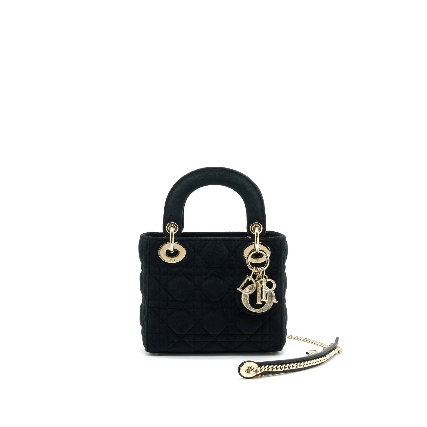 Christian Luxury Dior Mini Lady Luxury Dior in Velvet Black with Light Gold Hardware and white crystal