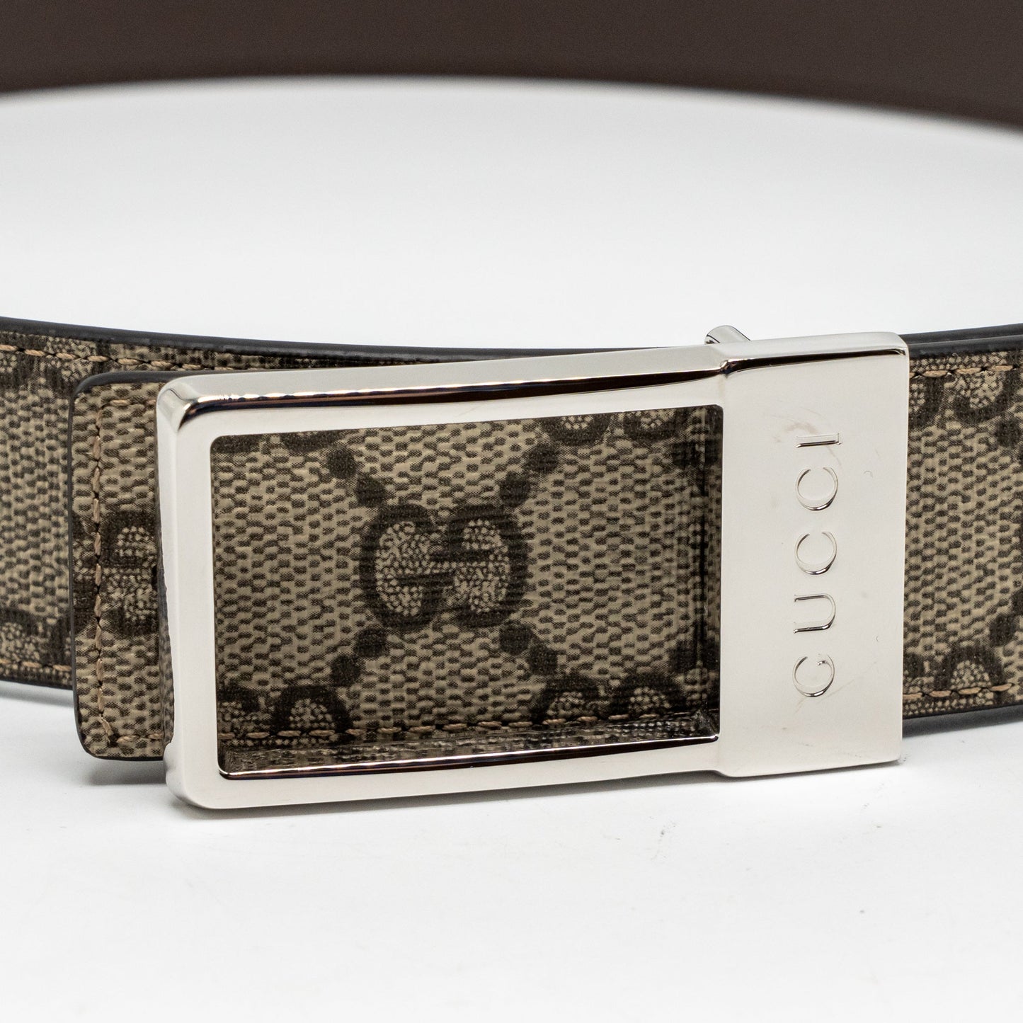 Gucci Size 90 Reversible Belt with Rectangular Buckle GG Supreme Canvas Beige SHW