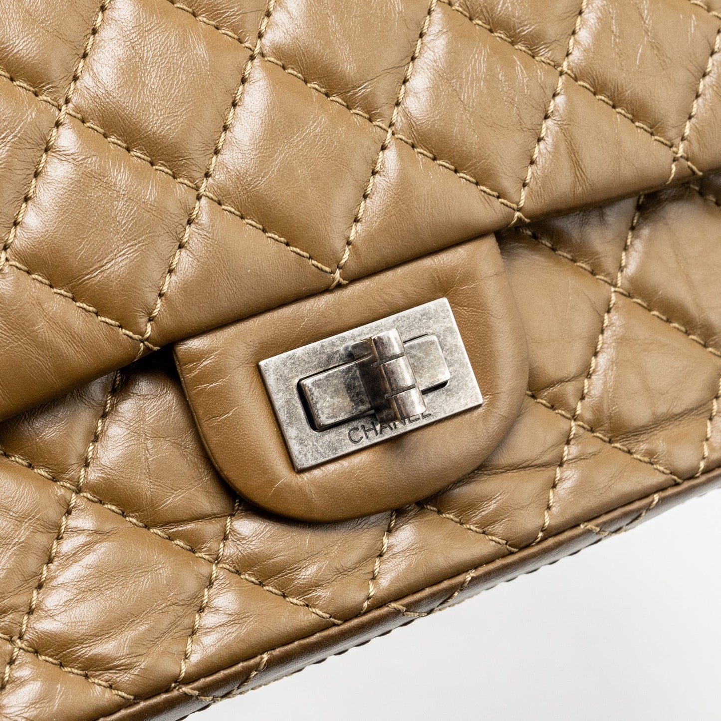 Chanel small 2.55 reissue flap bag calfskin khaki ruthenium hardware