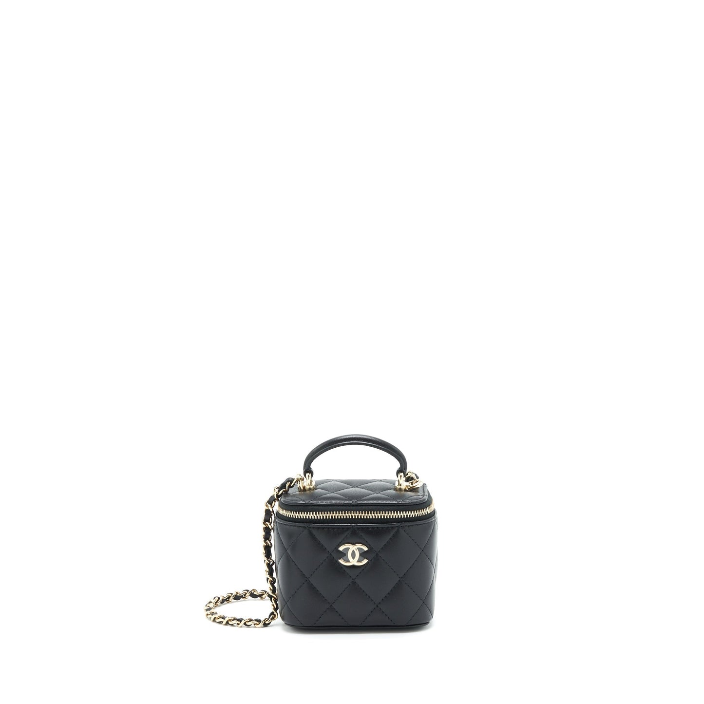 Chanel 22P Top Handle Mini Vanity With Chain And Mirror Lambskin Black LGHW