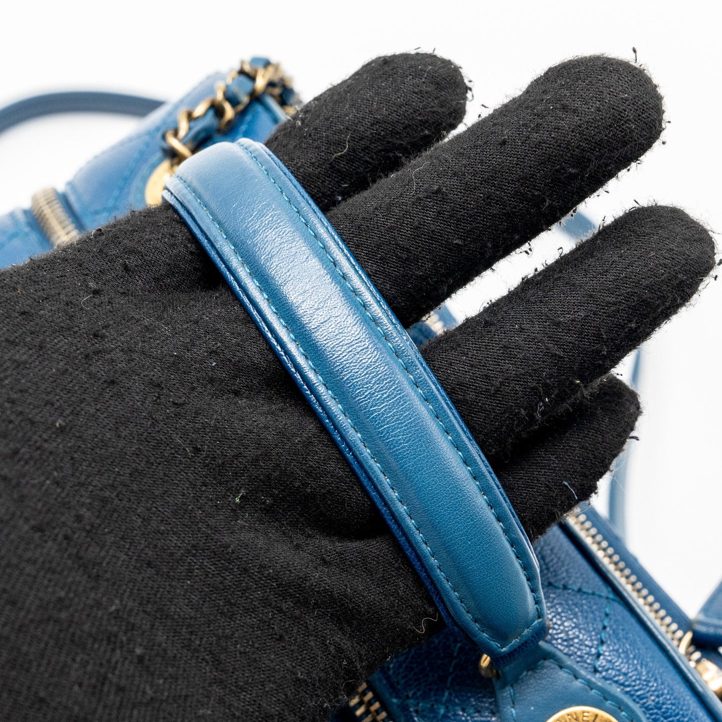 Chanel top handle zip vanity bag leather blue GHW