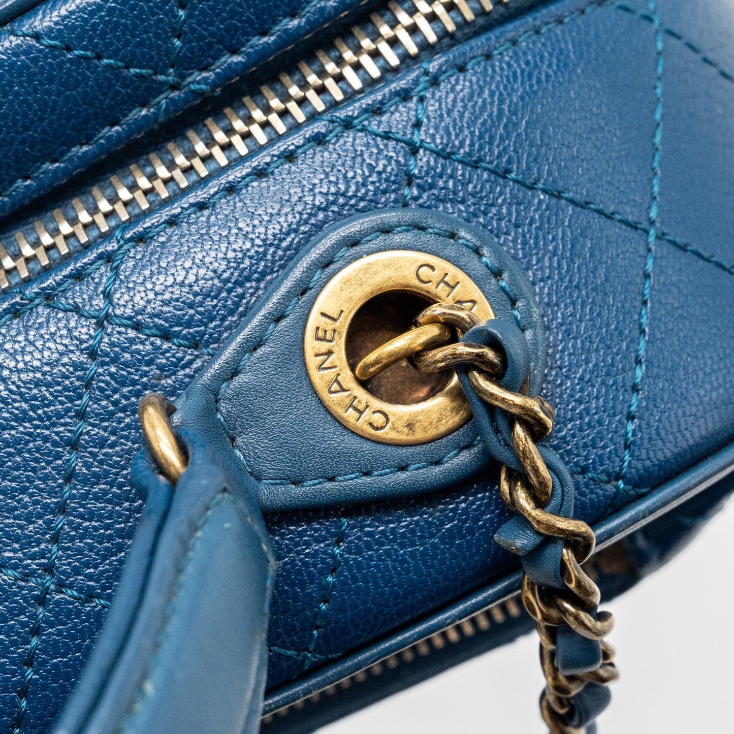 Chanel top handle zip vanity bag leather blue GHW