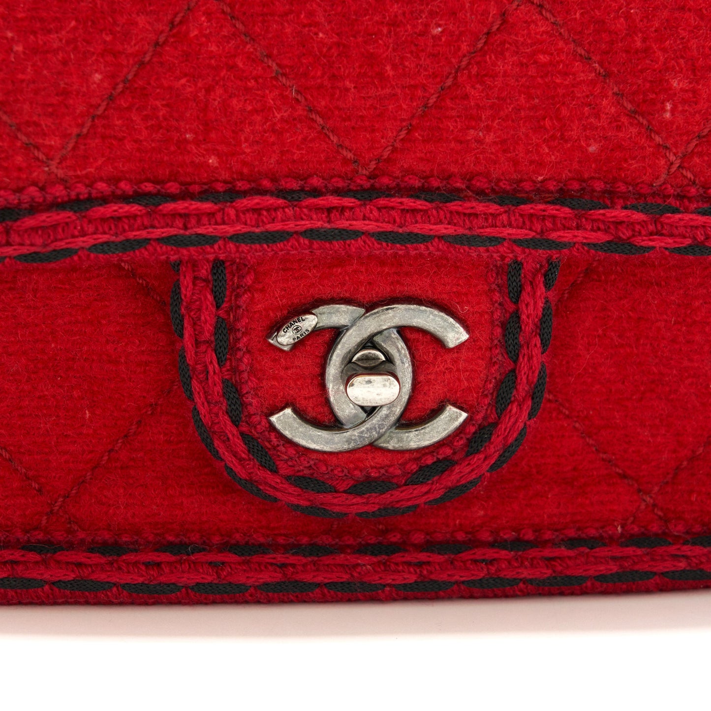 Chanel flap bag wool/fabric red Ruthenium hardware