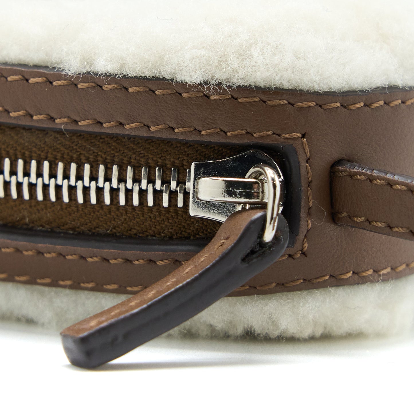 Fendi Zippy Colin Purse Bag Charm Shearling White/Brown SHW