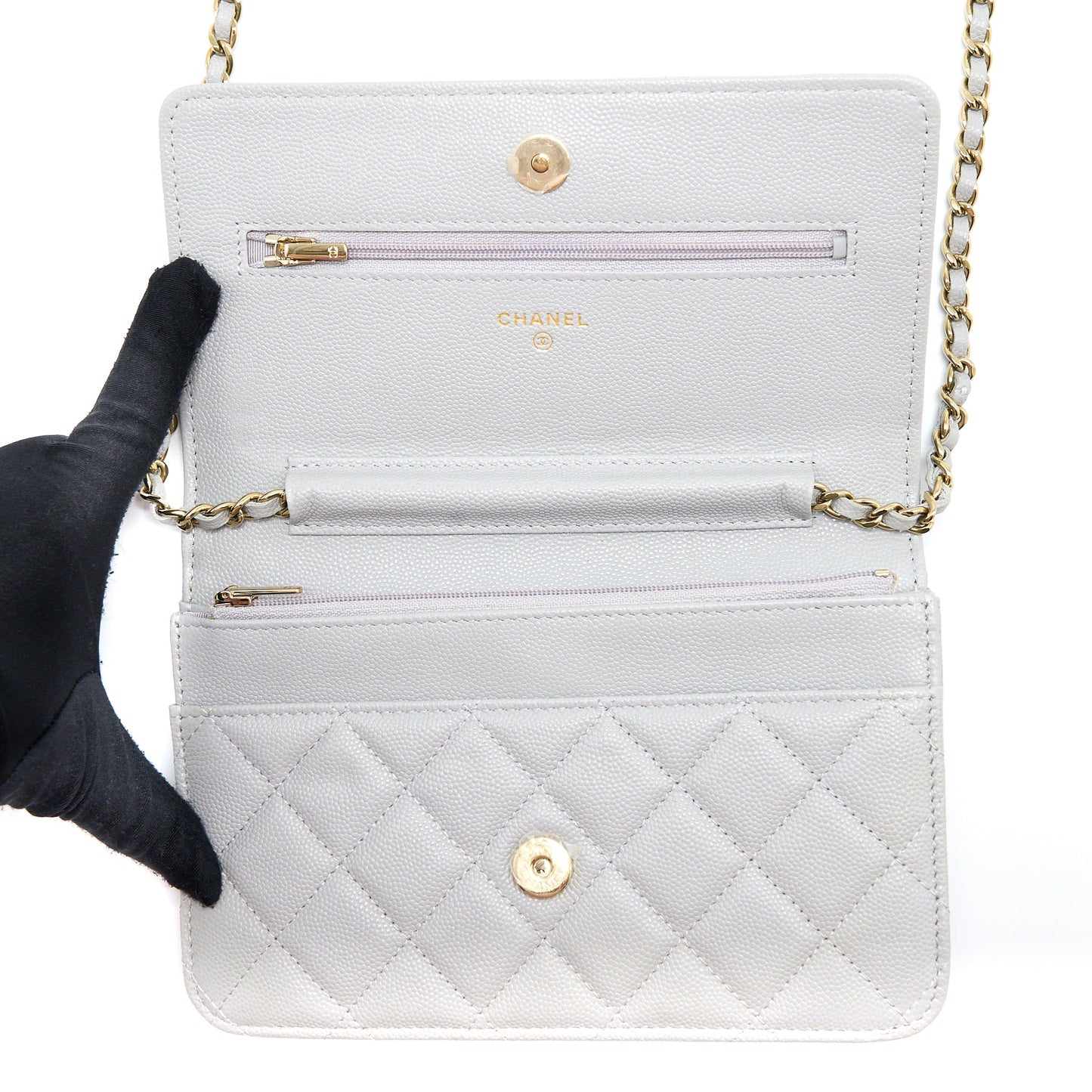 Chanel Classic Wallet on Chain Caviar Light Grey LGHW (Microchip)