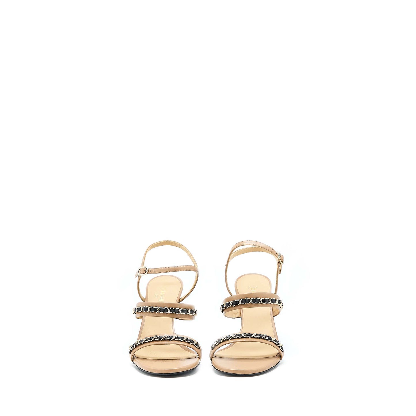 Chanel Size 38 Leather Chains Heel Sandals Lambskin Beige/Black LGHW