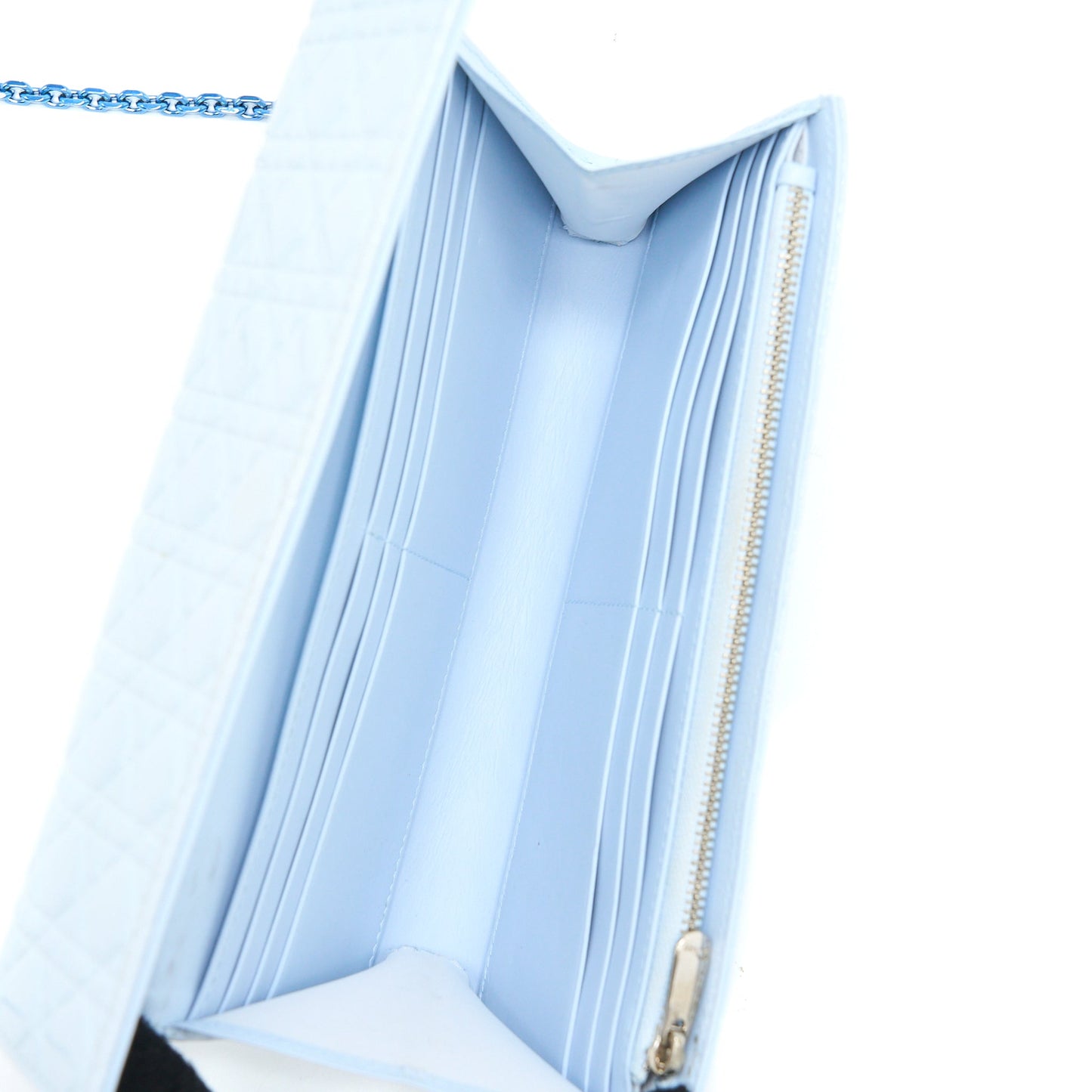 Luxury Dior Flap Wallet with Chain Patent Light Blue with Blue Hardware