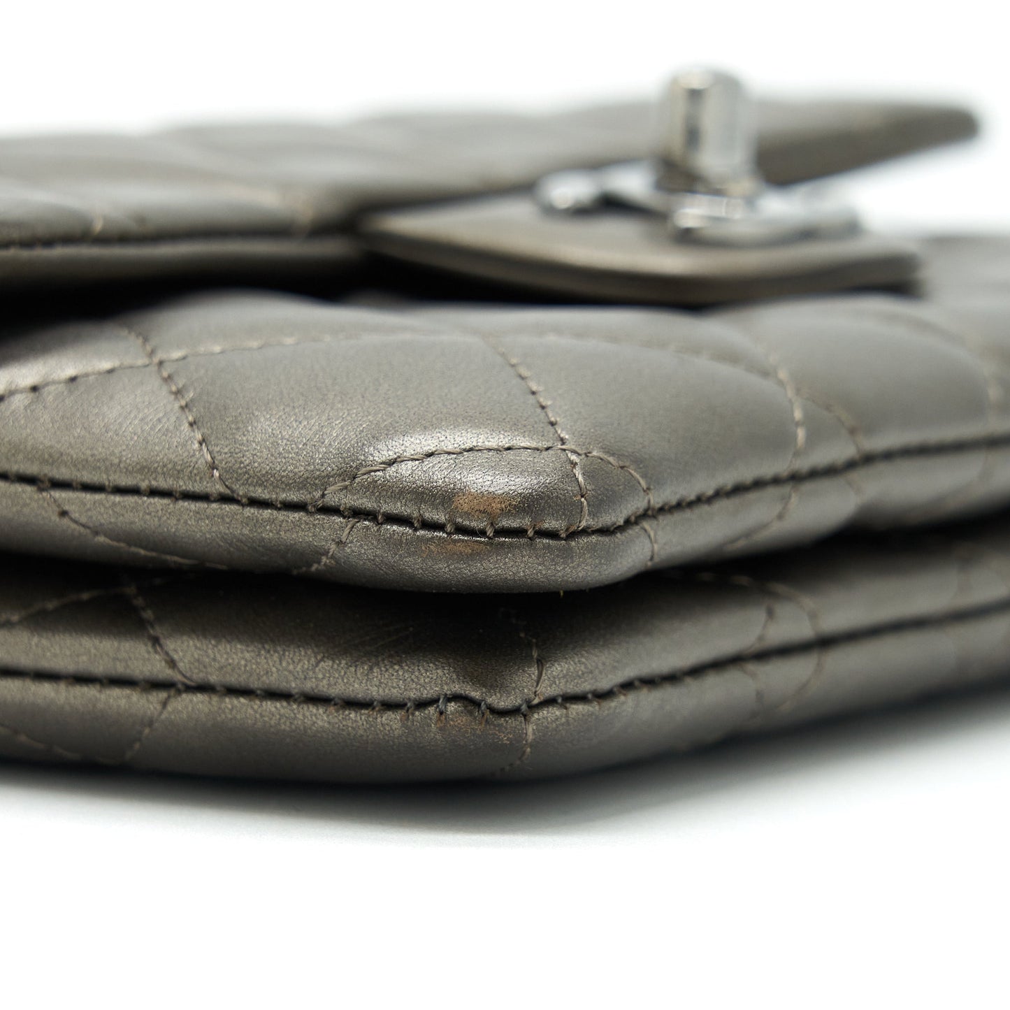 Chanel Flap And Zippy Mini Pouch With Chain Lambskin Metallic Brownish Grey With Dark Grey Hardware