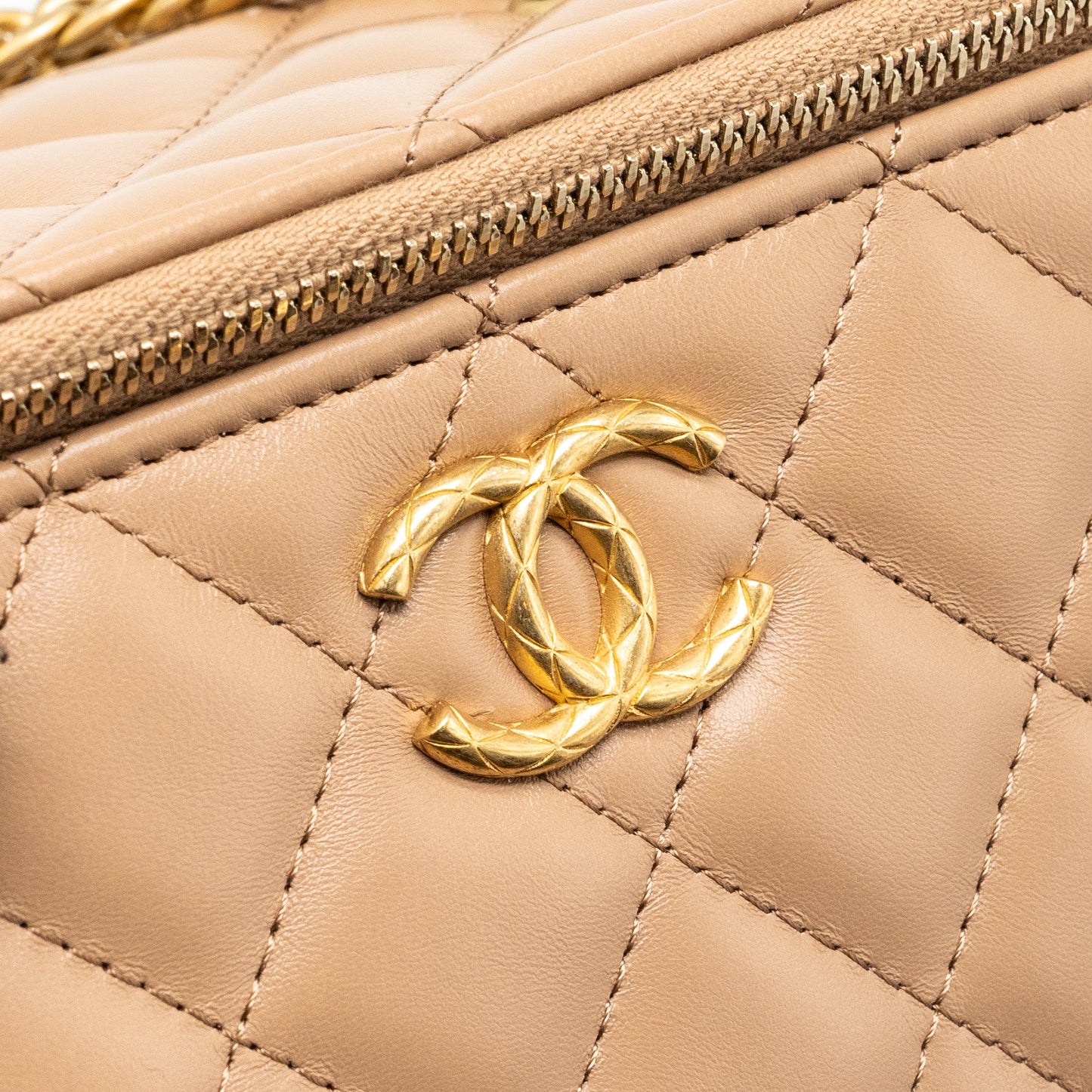 Chanel gold pillar long vanity case with adjustable chain lambskin dark beige GHW (microchip)