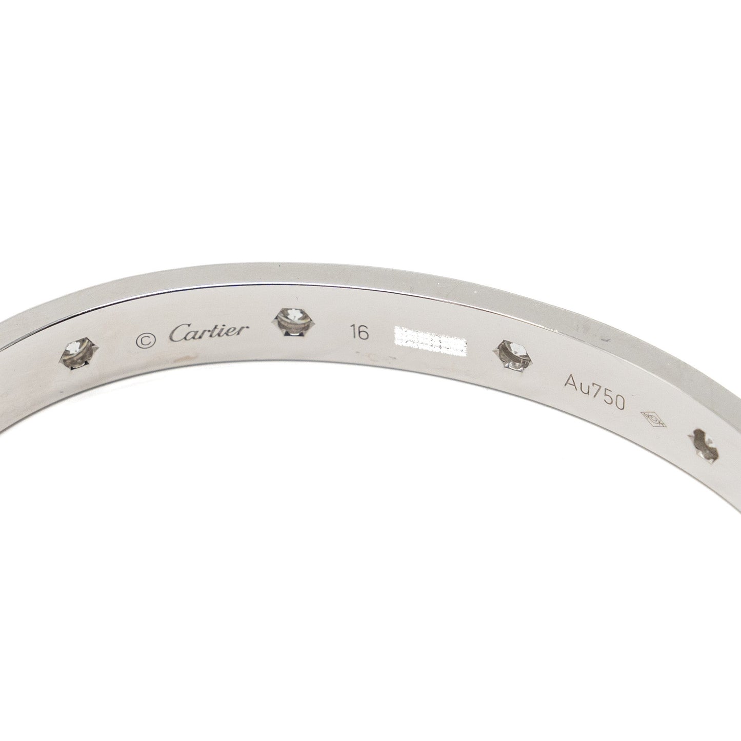 Cartier size 16 love bracelet white gold, 10 diamonds