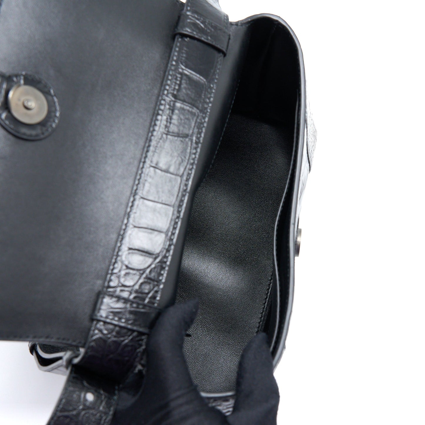 Balenciaga Small Downtown Shoulder Bag Croc Embossed Leather Black with Black Hardware