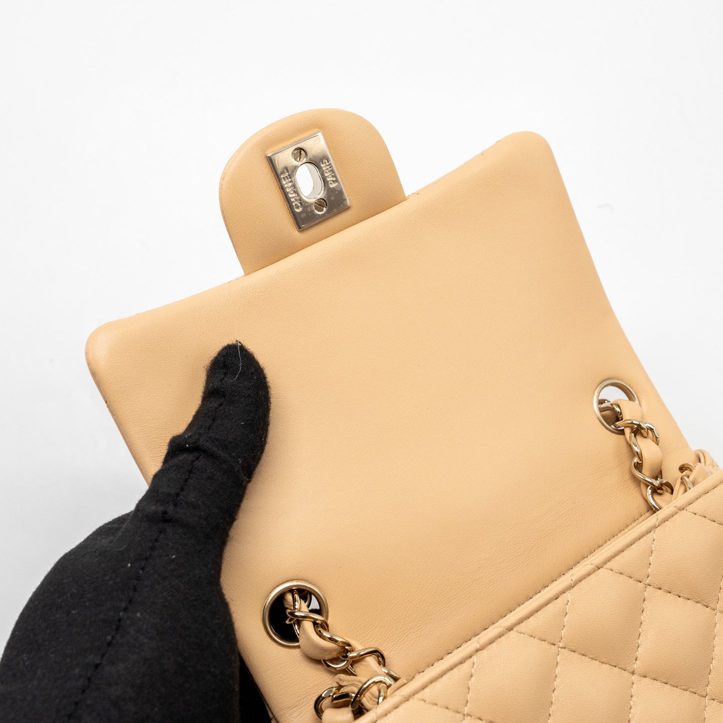 Chanel 22C mini square flap bag lambskin beige LGHW (microchip)
