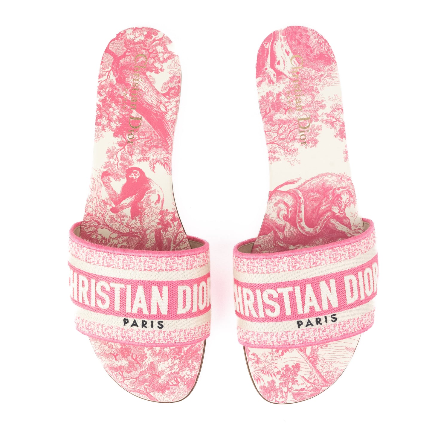 Dior Dway Slides in Peony Pink Toile de Jouy Embroidered Cotton