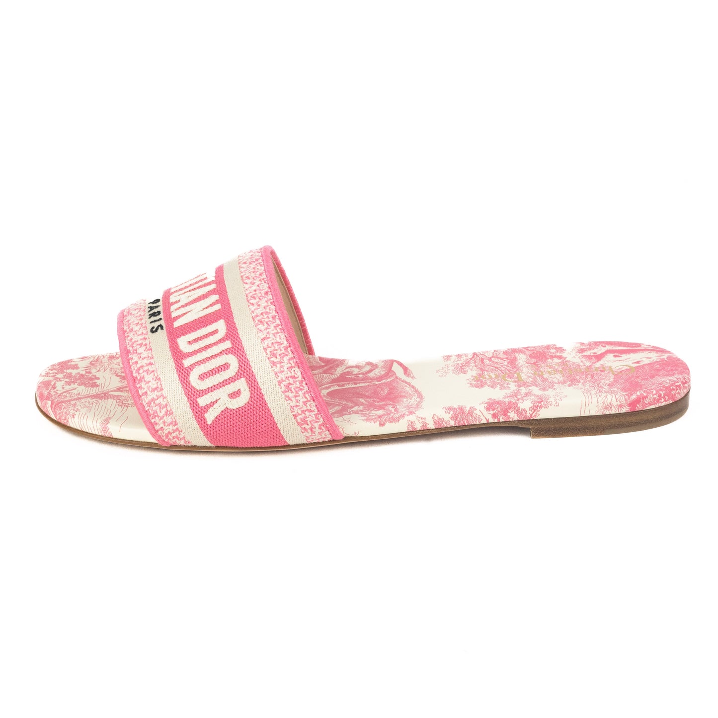 Dior Dway Slides in Peony Pink Toile de Jouy Embroidered Cotton