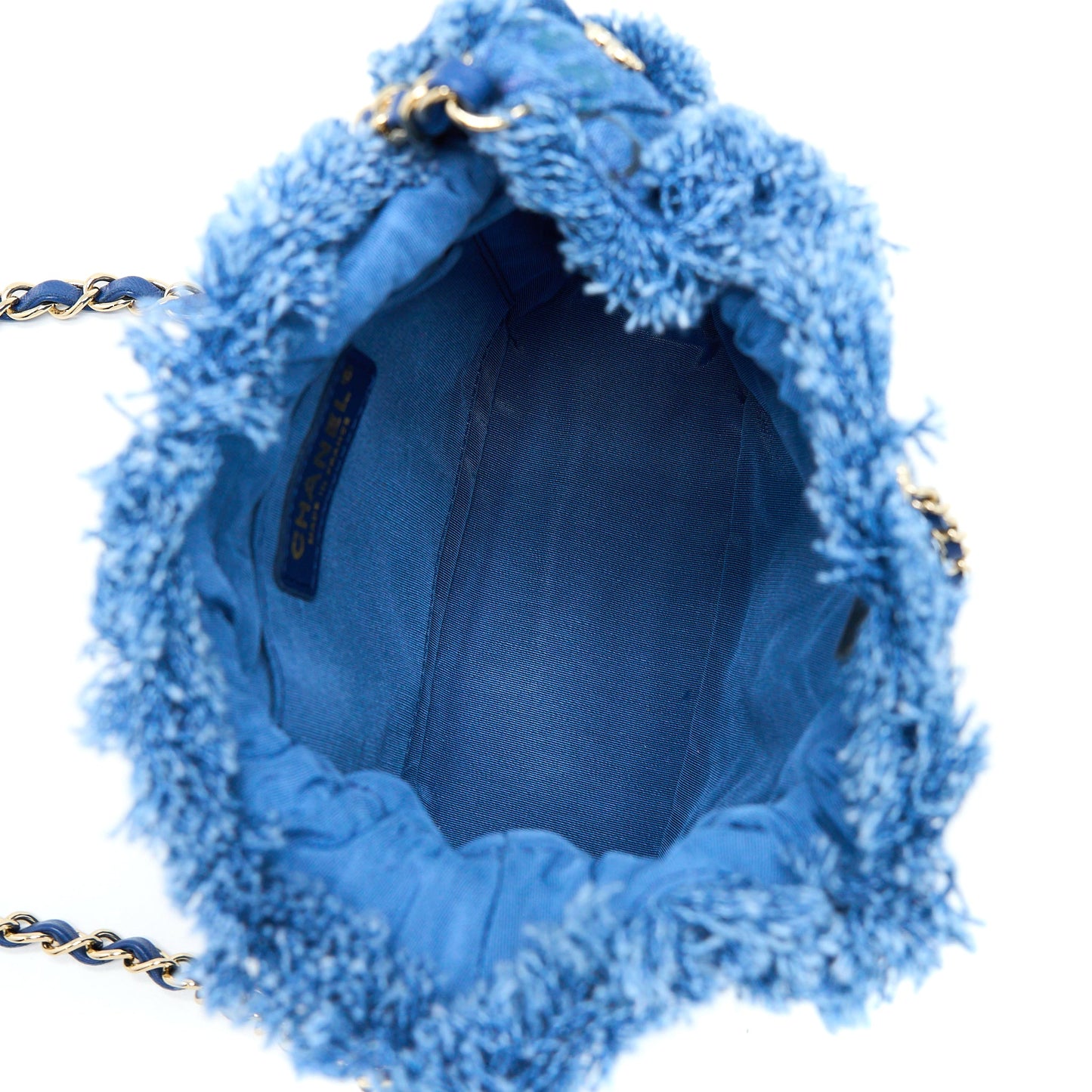 Chanel 22P Small Blue Denim Bucket Bag LGHW (Microchip)