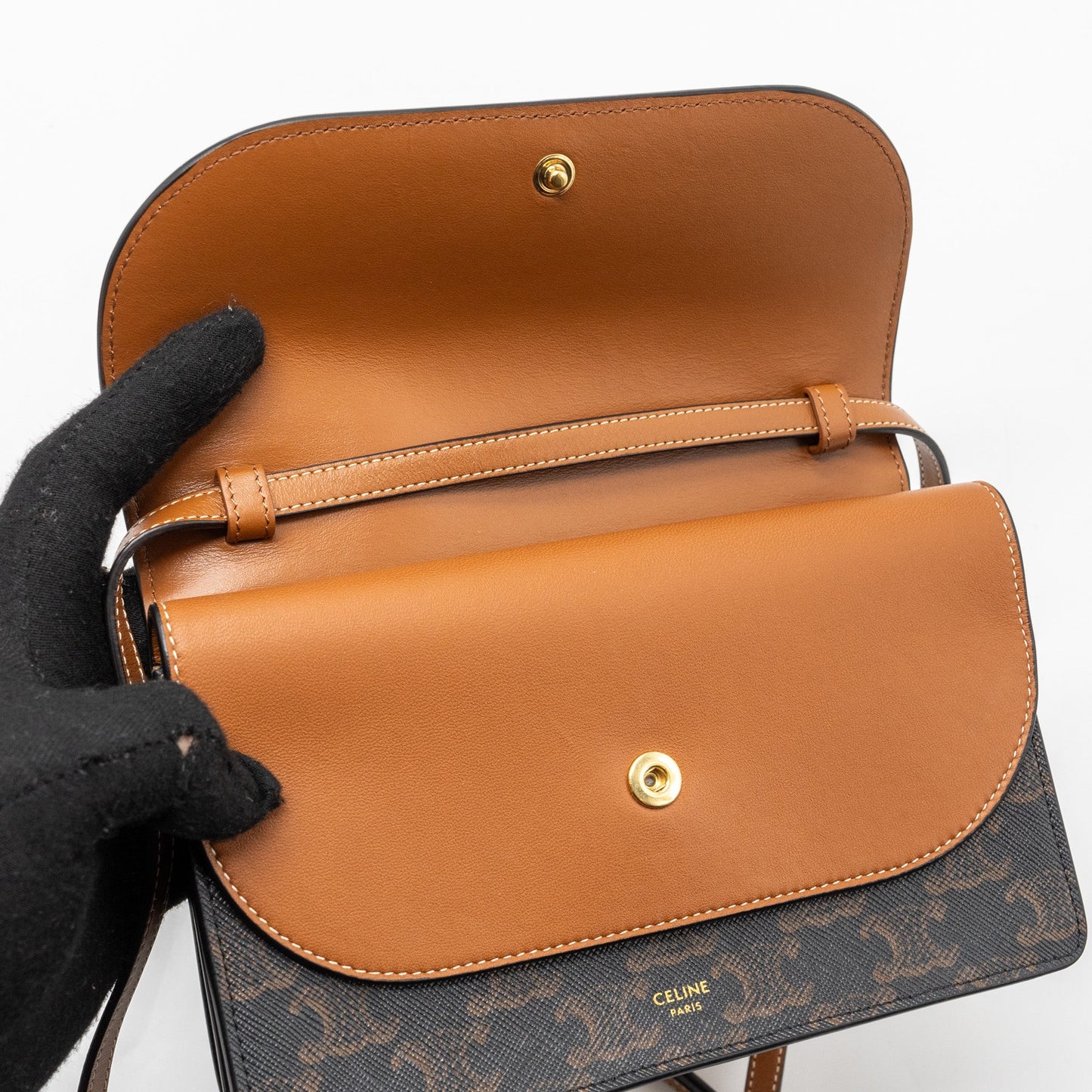 Celine wallet on strap triomphe canvas / leather tan GHW