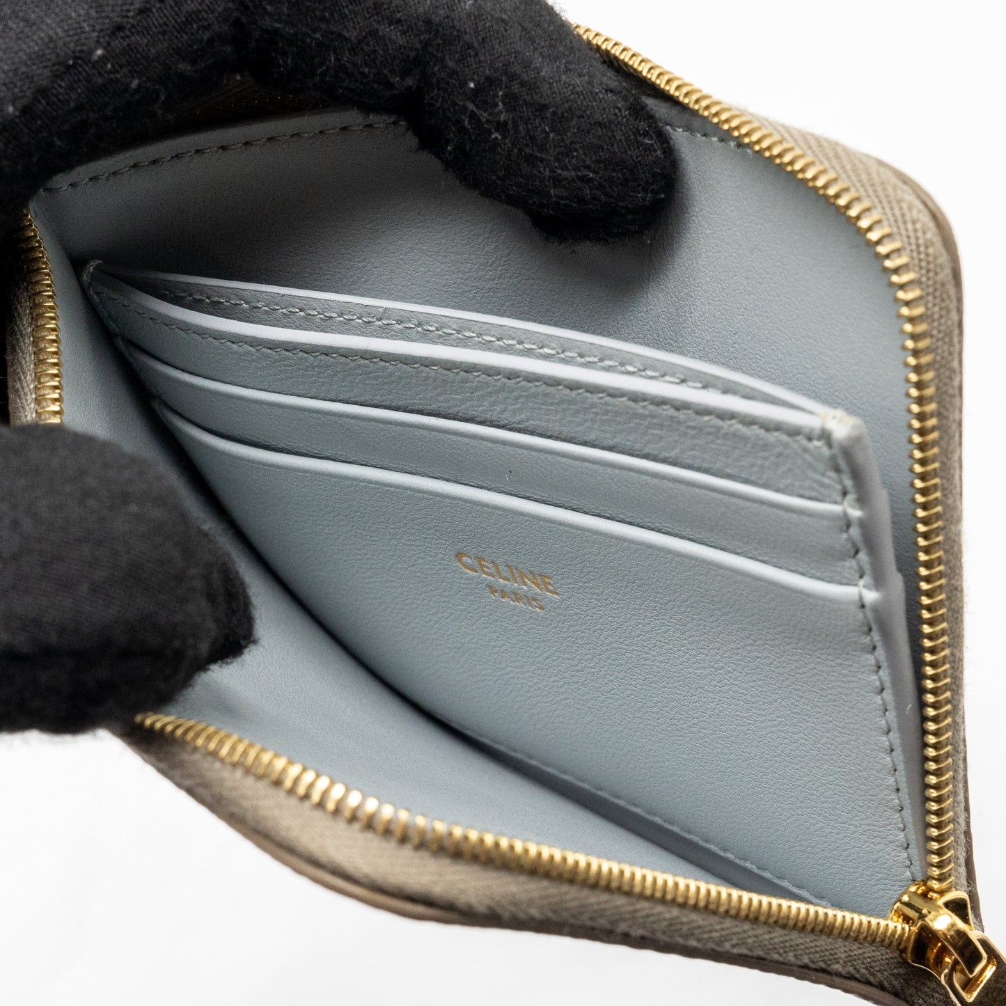 Celine Zipped Purse with removable card holder calfskin / lambskin grey / light blue GHW