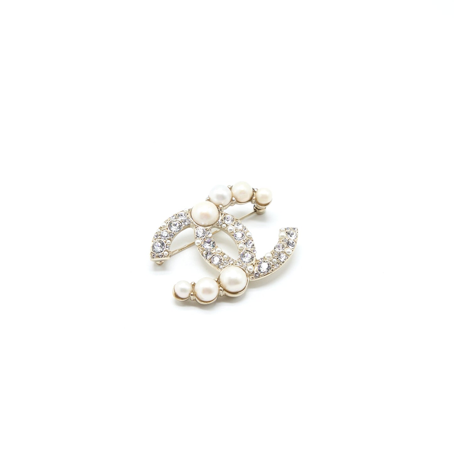 Chanel CC Logo Brooch Crystal/Pearl Light Gold Tone