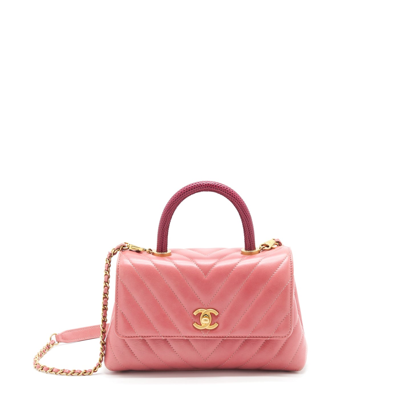 Chanel Small Coco Handle Chevron Calfskin With Lizard Handle Pink GHW