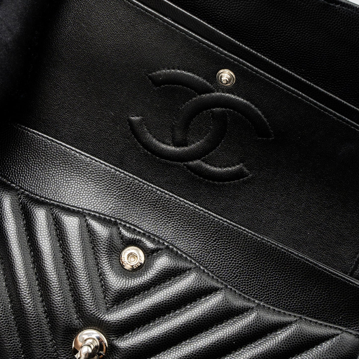 Chanel Medium Classic Double Flap Bag Chevron Caviar Black SHW
