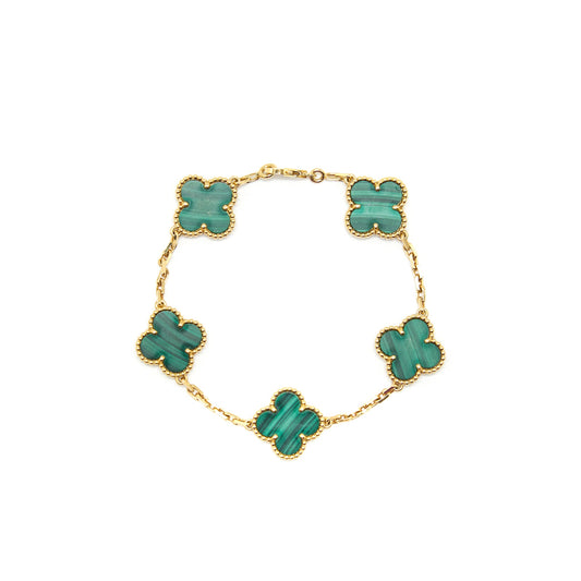 Van Cleef&Arpels Vintage Alhambra Bracelet, 5 Motifs 18K Yellow Gold/Malachite