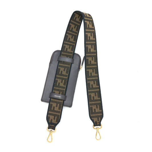 Fendi Bag Strap with Phone Pouch FF Jacquard Canvas Brown GHW