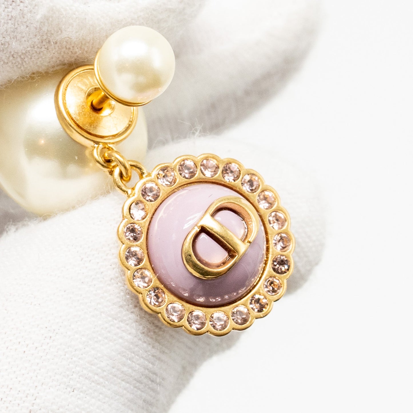 Luxury Dior Tribales Pearl Earrings Crystal Pink Gold Tone