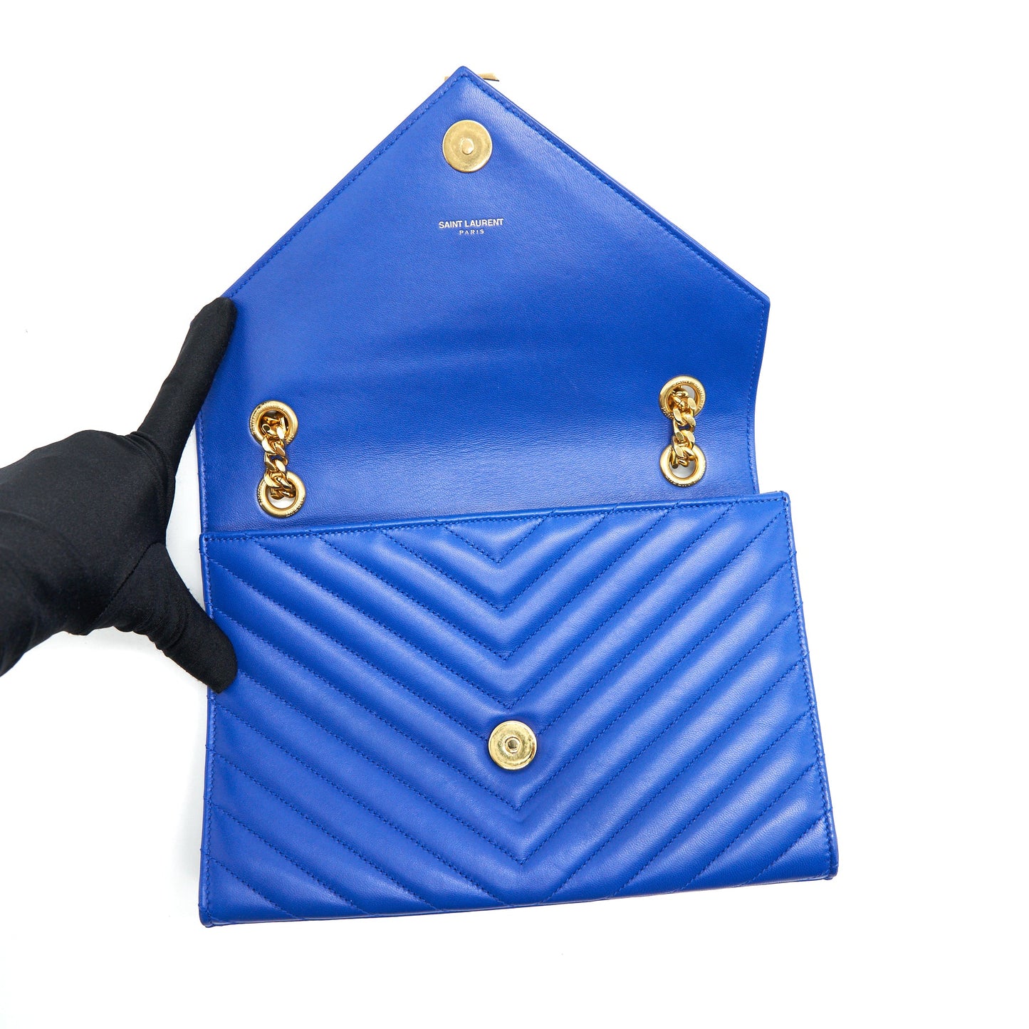 Saint Laurent / YSL Chevron Monogram Flap Bag Blue GHW