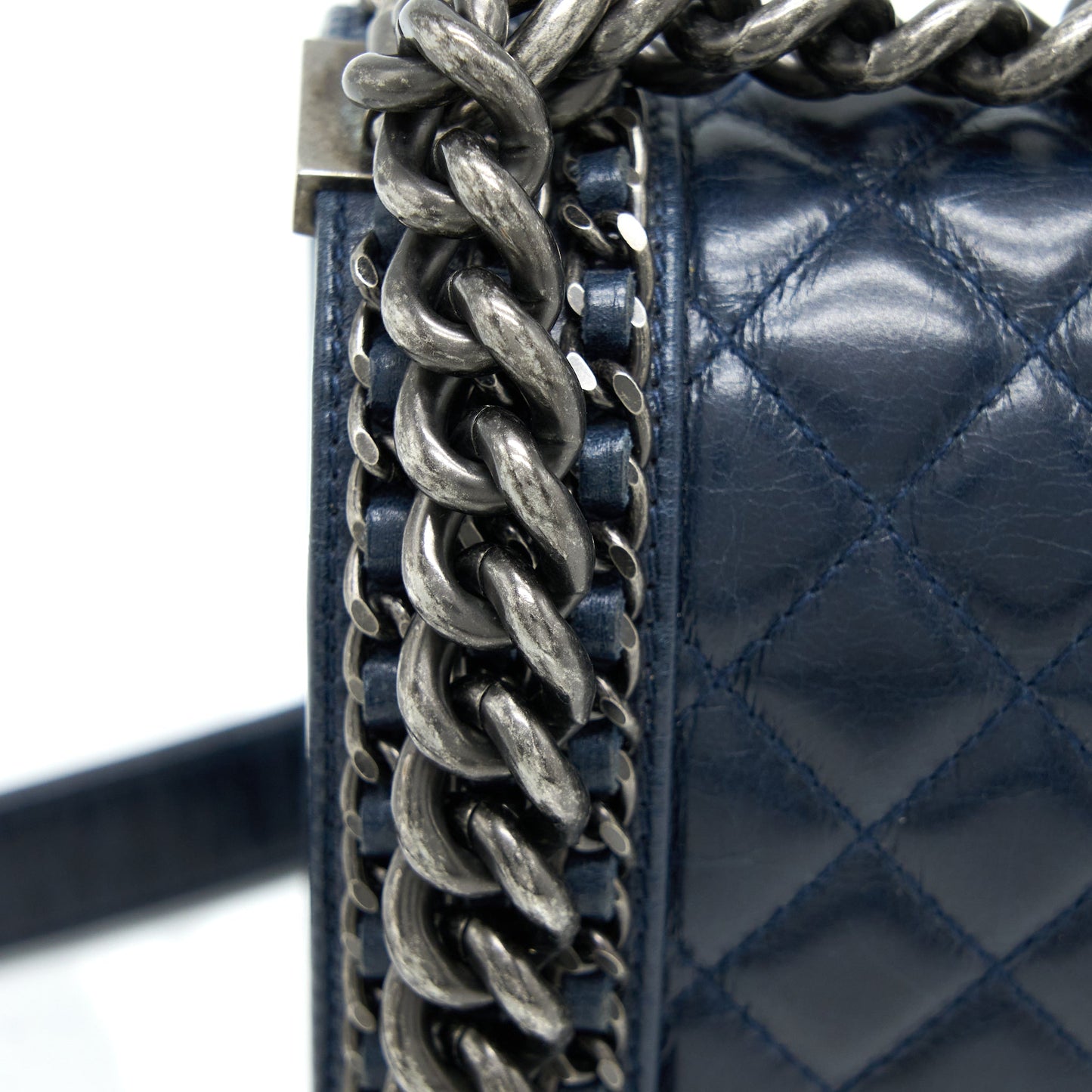 Chanel Medium Boy Bag Limited Edition with Chain Edge Aged Calfskin Navy Ruthenium Hardware