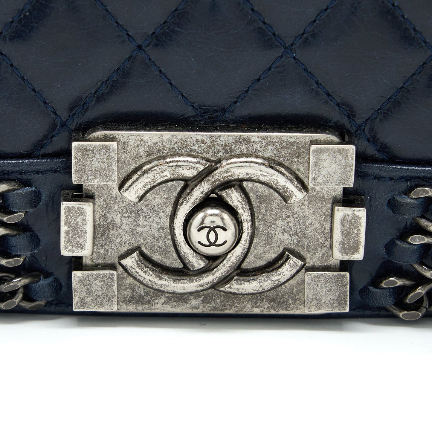 Chanel Medium Boy Bag Limited Edition with Chain Edge Aged Calfskin Navy Ruthenium Hardware