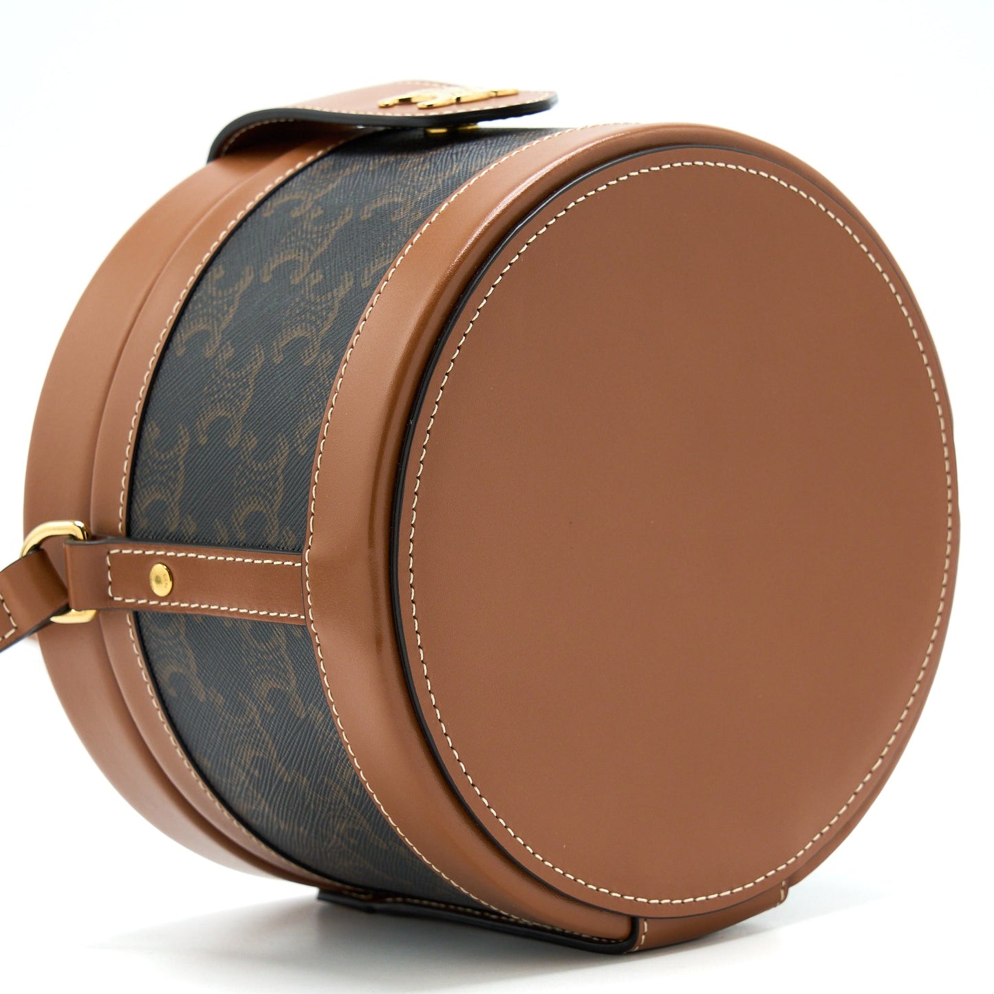 Celine Medium Tambour Bag Triomphe Canvas and Calfskin Tan GHW