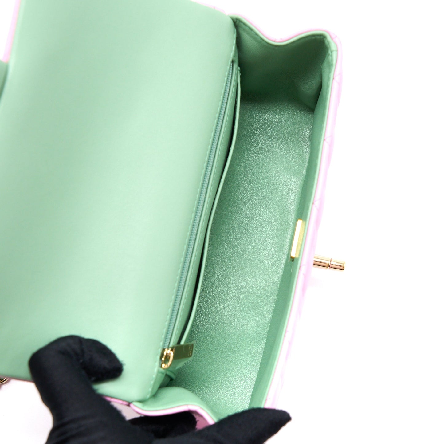 Chanel Top Handle Mini Rectangular Lambskin Pink/Light Green LGHW (Microchip)