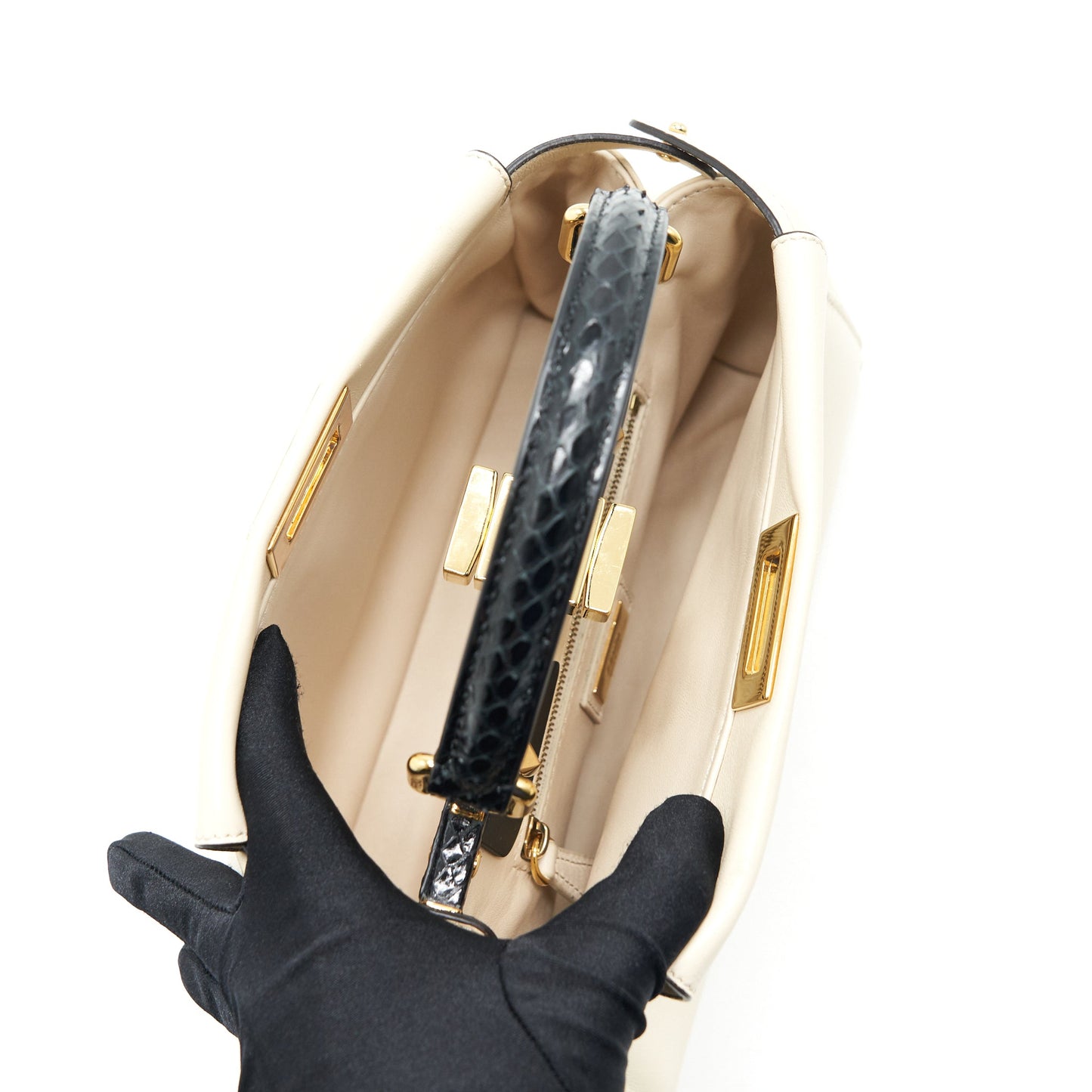 FENDI PEEKABOO MINI HANDLE BAG LAMBSKIN IN CAMELIA/BLACK