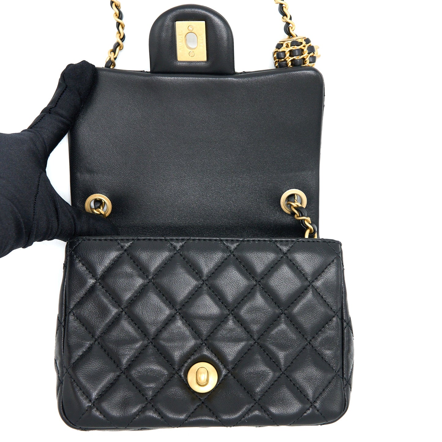 Chanel 22S Pearl Crush Mini Square Flap Bag Lambskin Black GHW(Microchip)