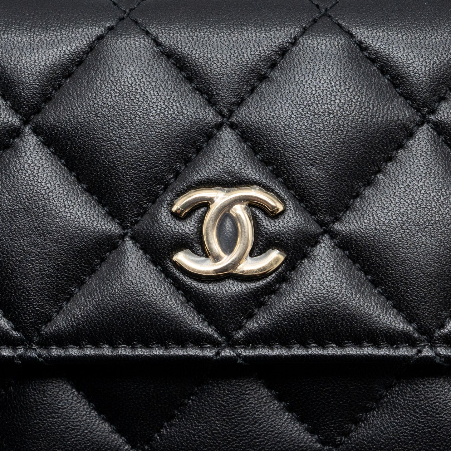 Chanel mini flap card holder with ribbon chain lambskin black LGHW