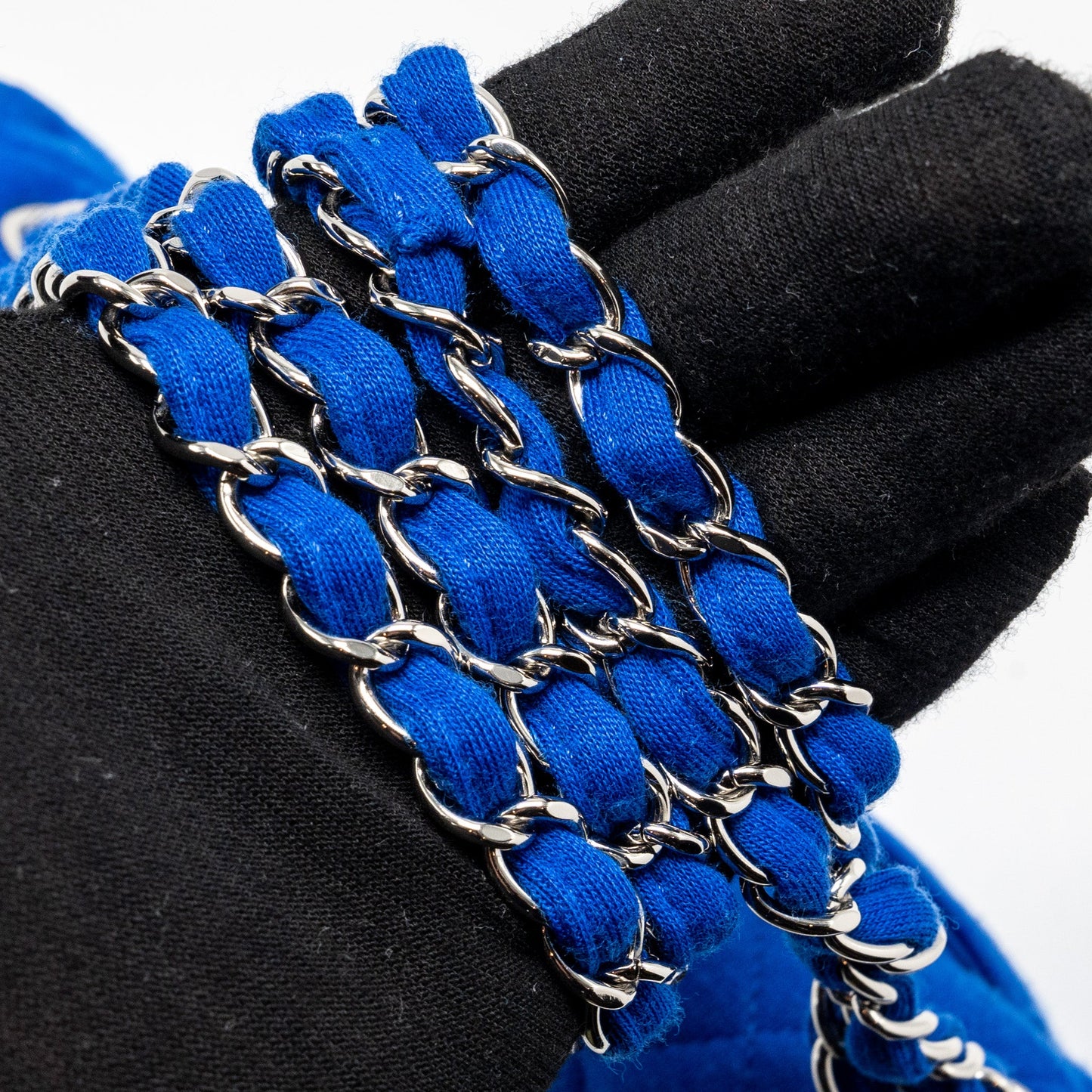 Chanel medium classic double flap bag fabric blue SHW
