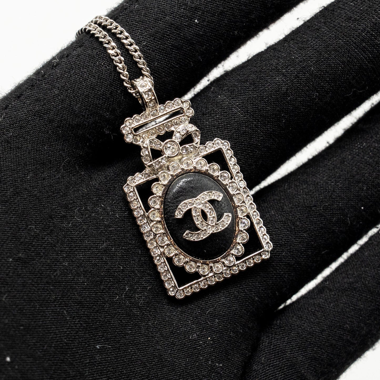 Chanel No.5 Perfume Bottle Necklace Crystal/Leather Light Gold Tone
