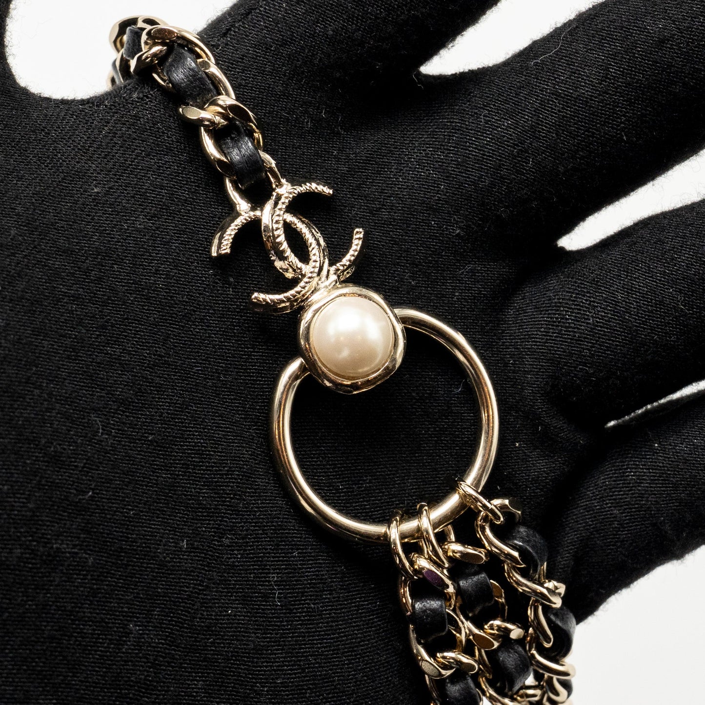 Chanel CC Leather Chain with Pearl Waist Chain Belt Black Light Gold Tone