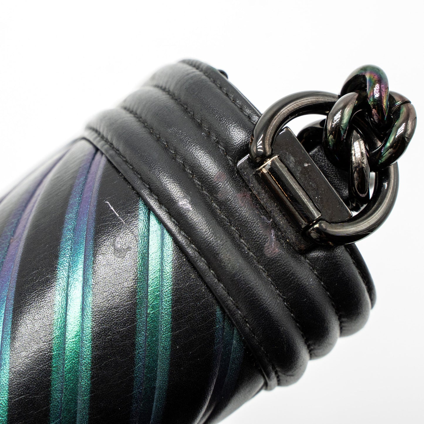 Chanel Small Boy Bag Chevron Calfskin Black/Iridescent Blue Black Hardware
