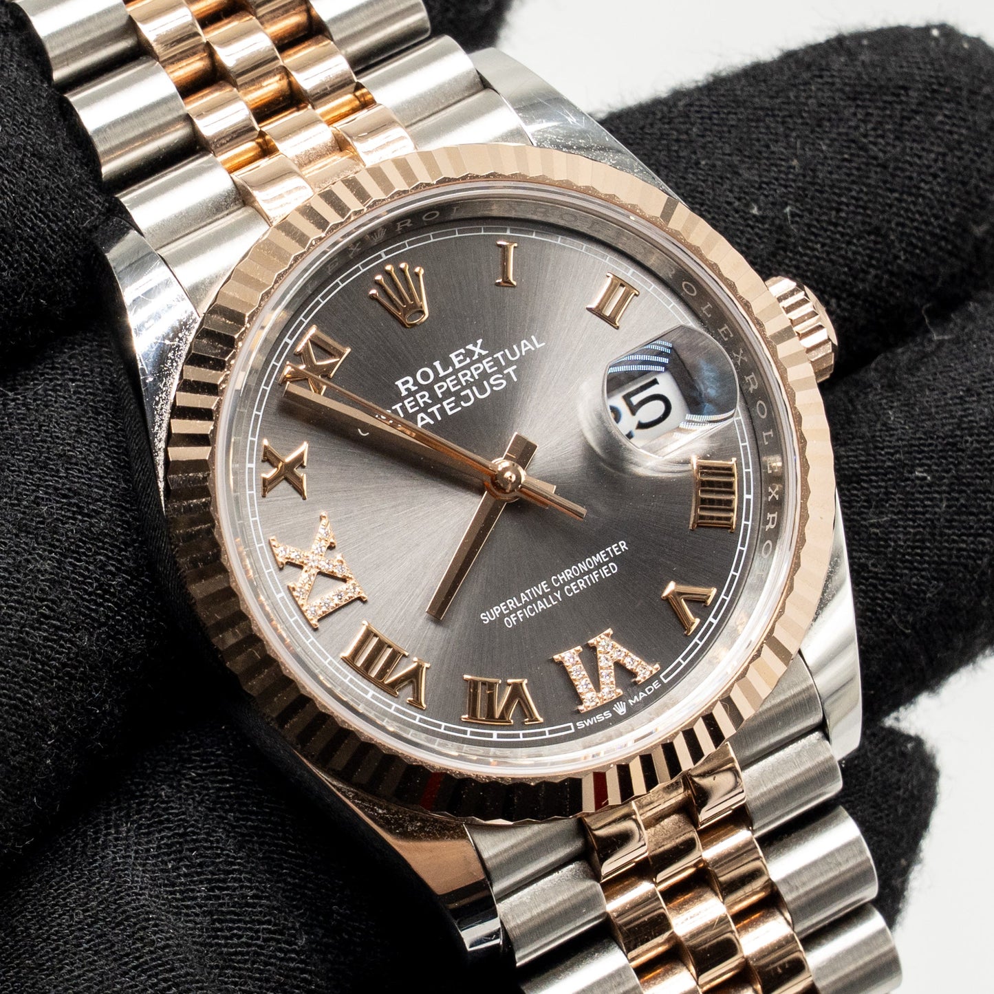 Rolex Datejust 36 oyster steel, everose gold with slate, diamond-set dial, jubilee bracelet mode: M126231-0023
