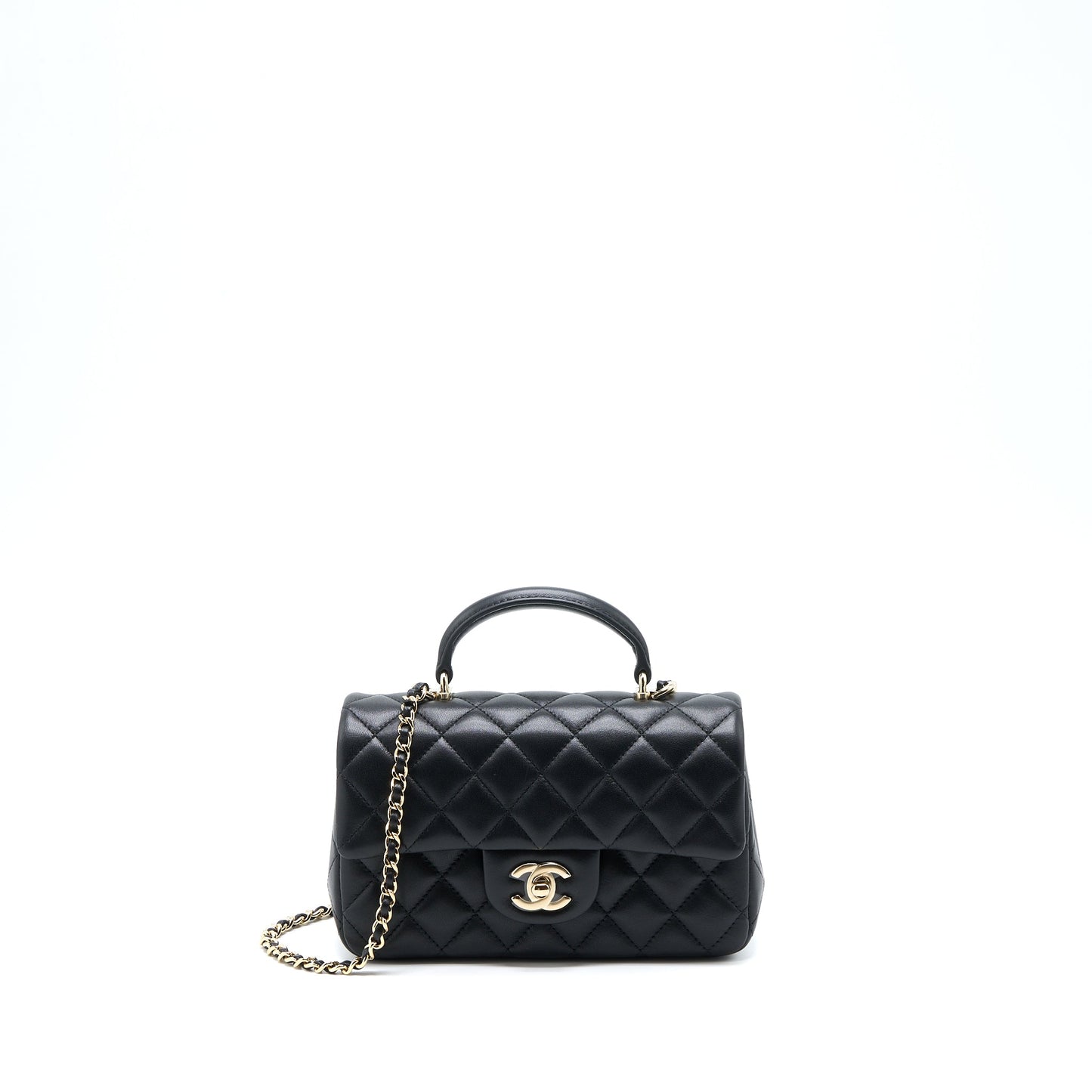Chanel Top Handle Mini Rectangular Flap Bag Lambskin Black LGHW (Microchip)