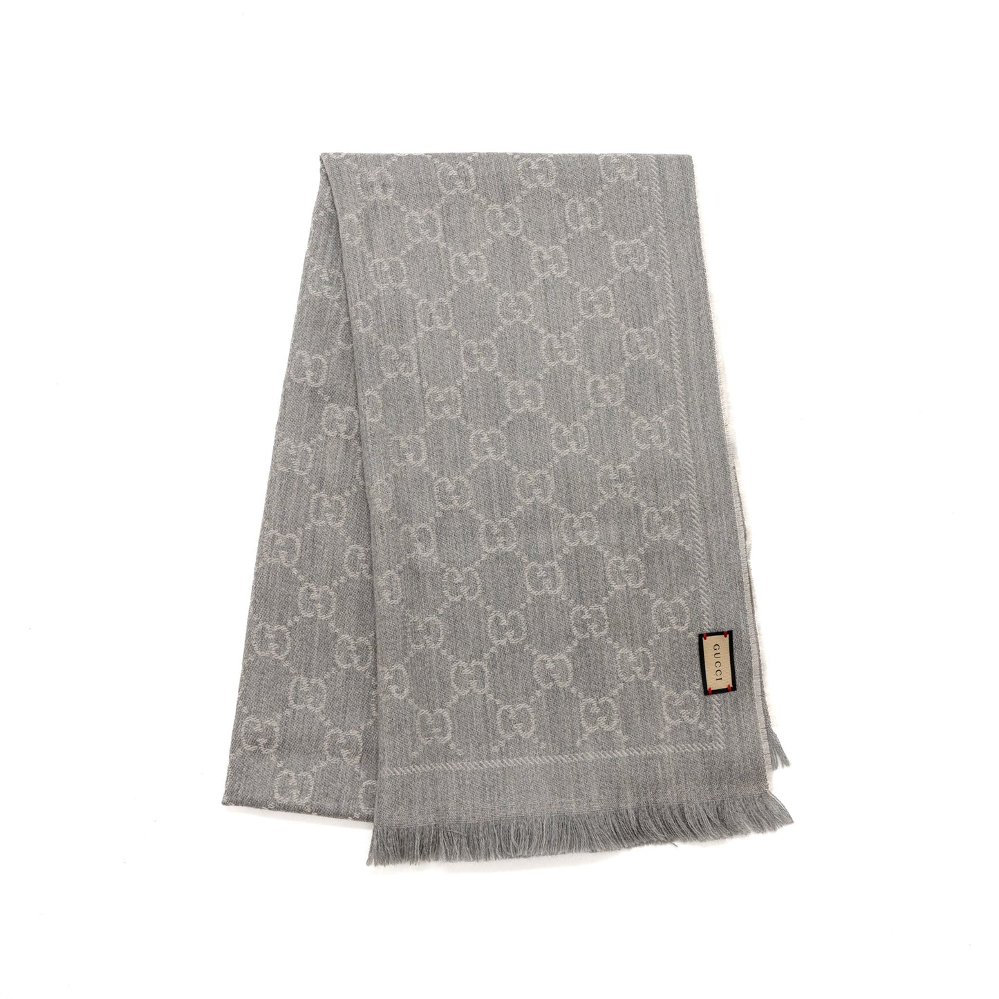 Gucci Knitted Wool Scarf GG Supreme Jacquard Light Grey