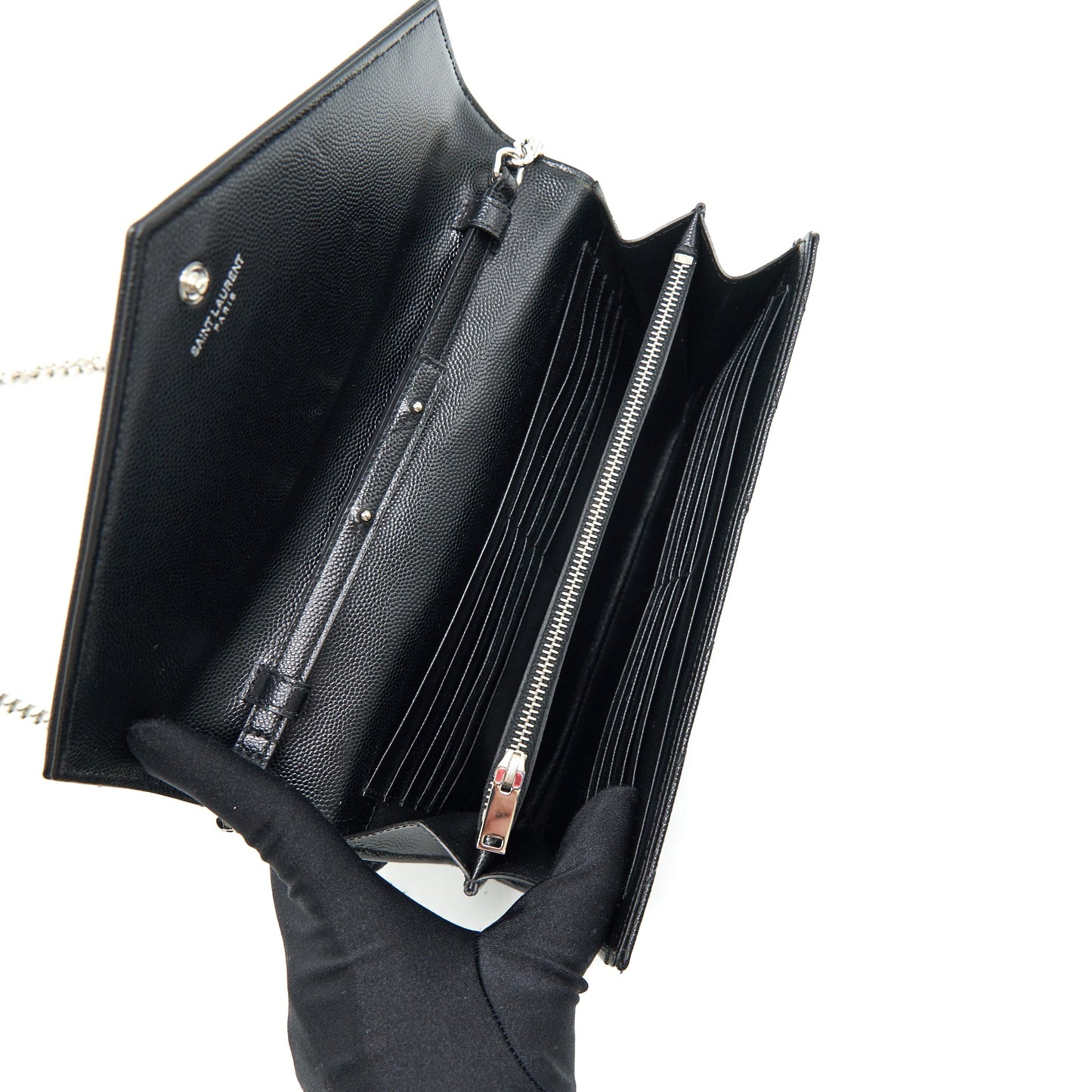 Saint Laurent Envelope Monogram Wallet on Chain in SHW