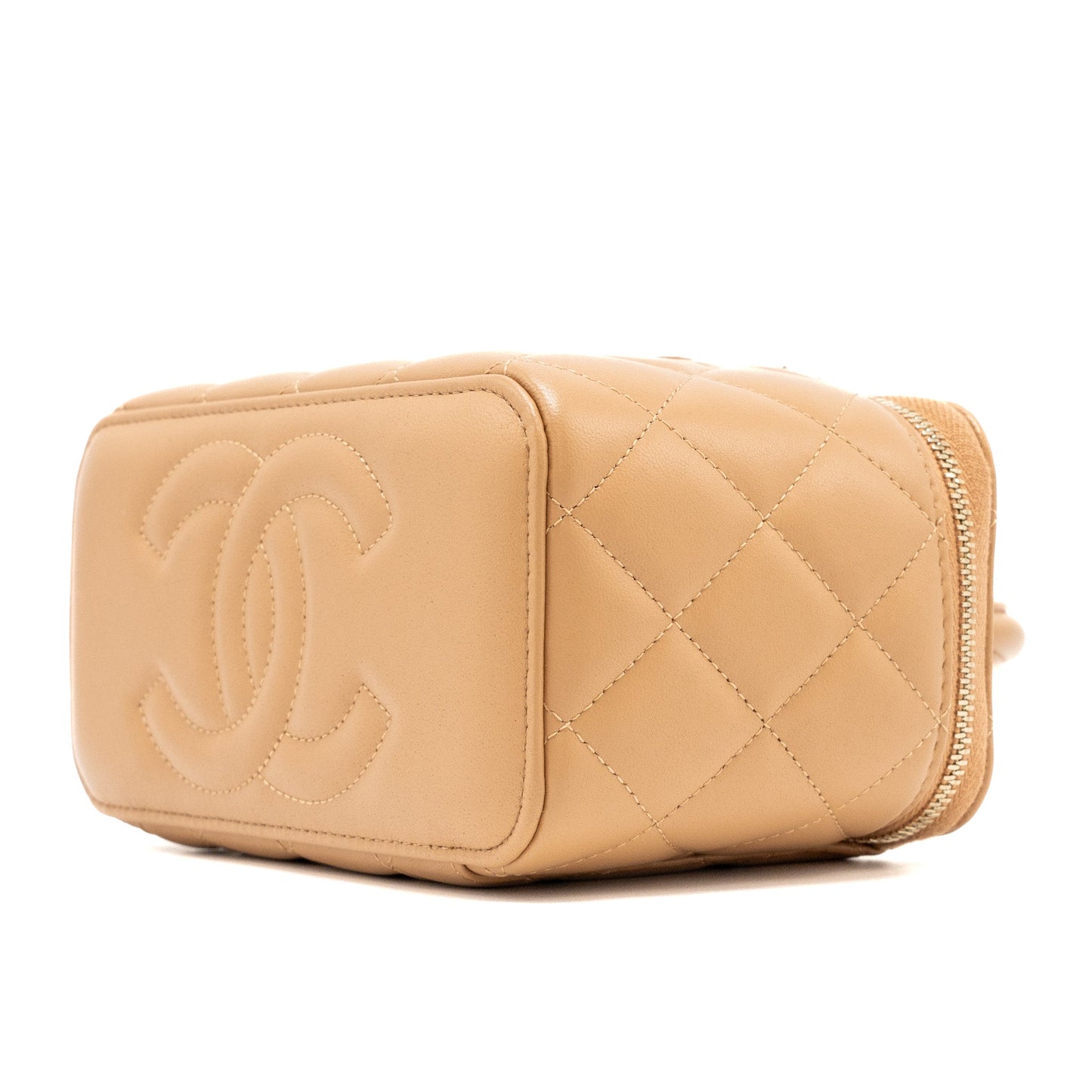 Chanel Top Handle Long Vanity Case With Chain Lambskin Caramel LGHW(Microchip)