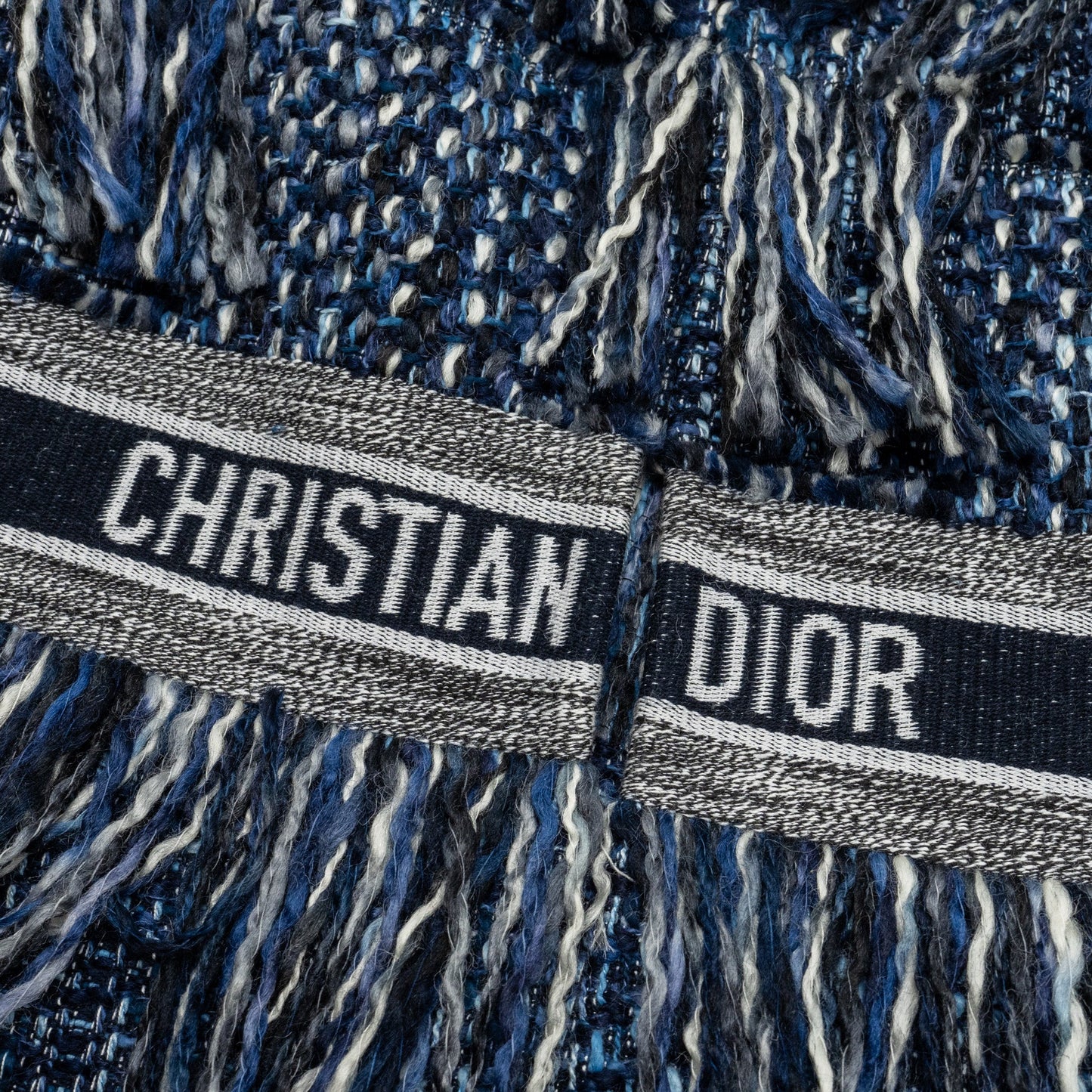 Luxury Dior Size 36 Embroidered Logo Fringe Tweed Coat Virgin Wool/Cotton Blue