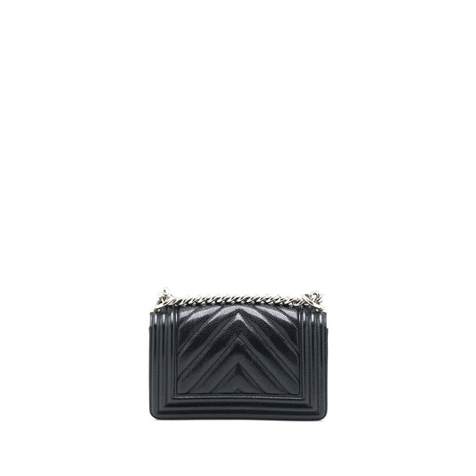 Chanel Small Chevron Boy Bag Shiny Grained Calfskin Black SHW