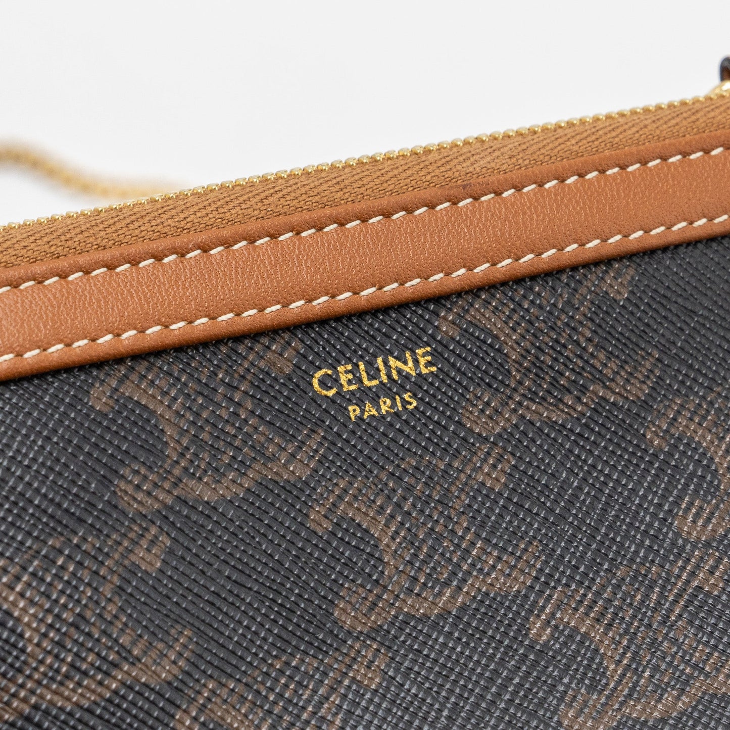 Celine Clutch With Chain Triomphe Canvas/Lambskin Tan GHW